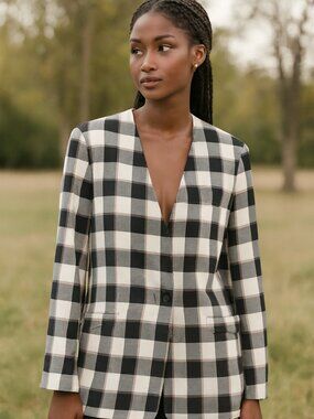 Kasper II Women NAVY/PINK Checkered Lined Career Woman Blazer Academia Preppy 16